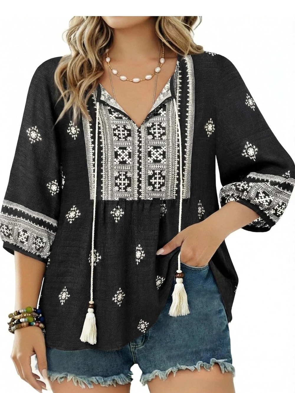 Black Embroidered Boho Peasant Top with Tassels Gunest New With Tags Medium